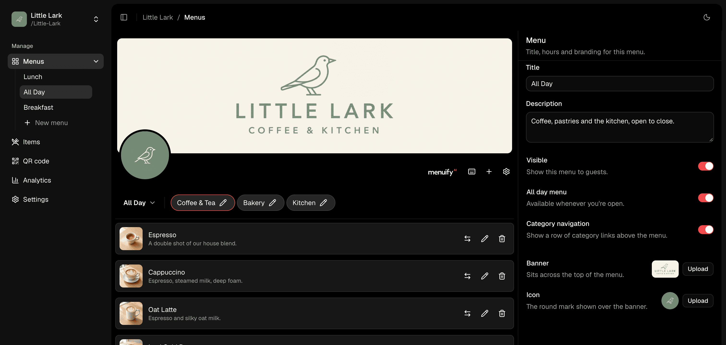 MenuTada's dashboard, editing Little Lark's All Day menu